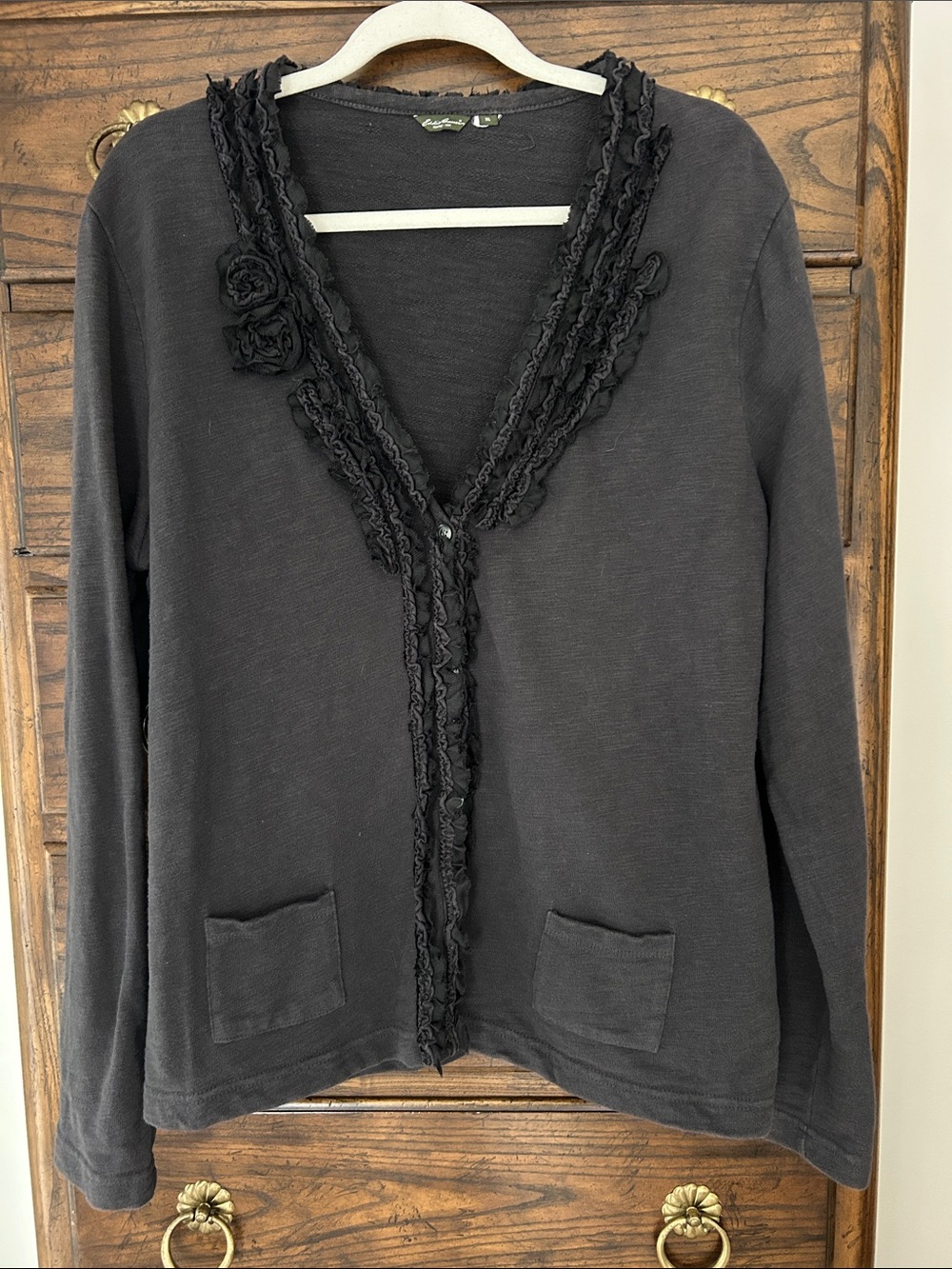 Eddie Bauer Black Ruffle-Trim Open Sweatshirt Cardigan, Floral Accent, Size XL
